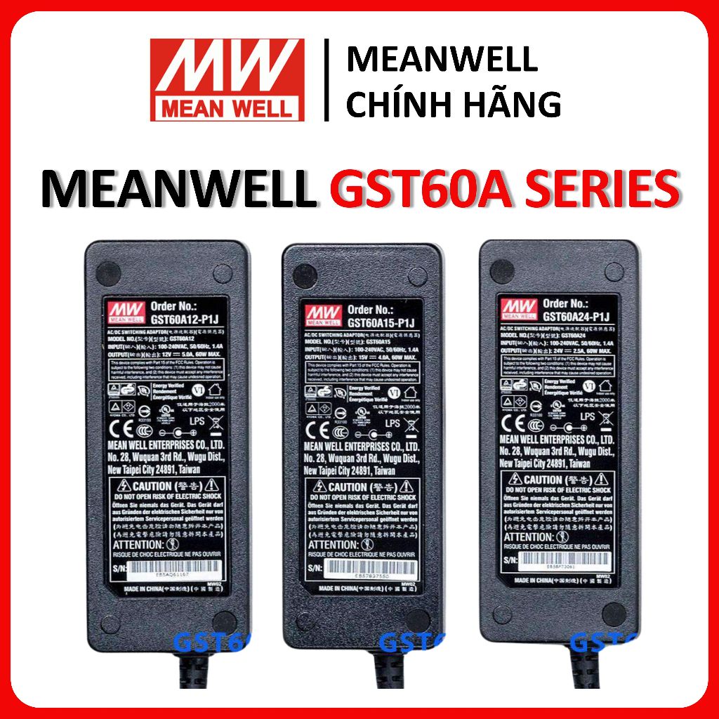 MEANWELL แหล่งพลังงาน GST60A12-P1J, GST60A15-P1J, GST60A24-P1J, อะแดปเตอร์ Meanwell GST60A ความจุ 60