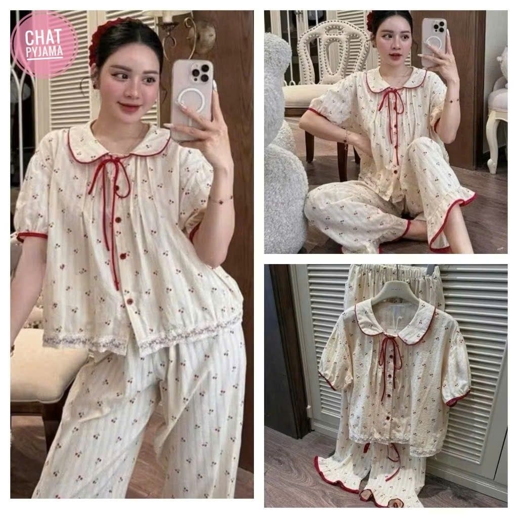 PYJAMA SET WITH ROLLED SLEEVES AND LOTUS NECK LONG PANTS, SOFT, COOL, BEAUTIFUL SHAPE