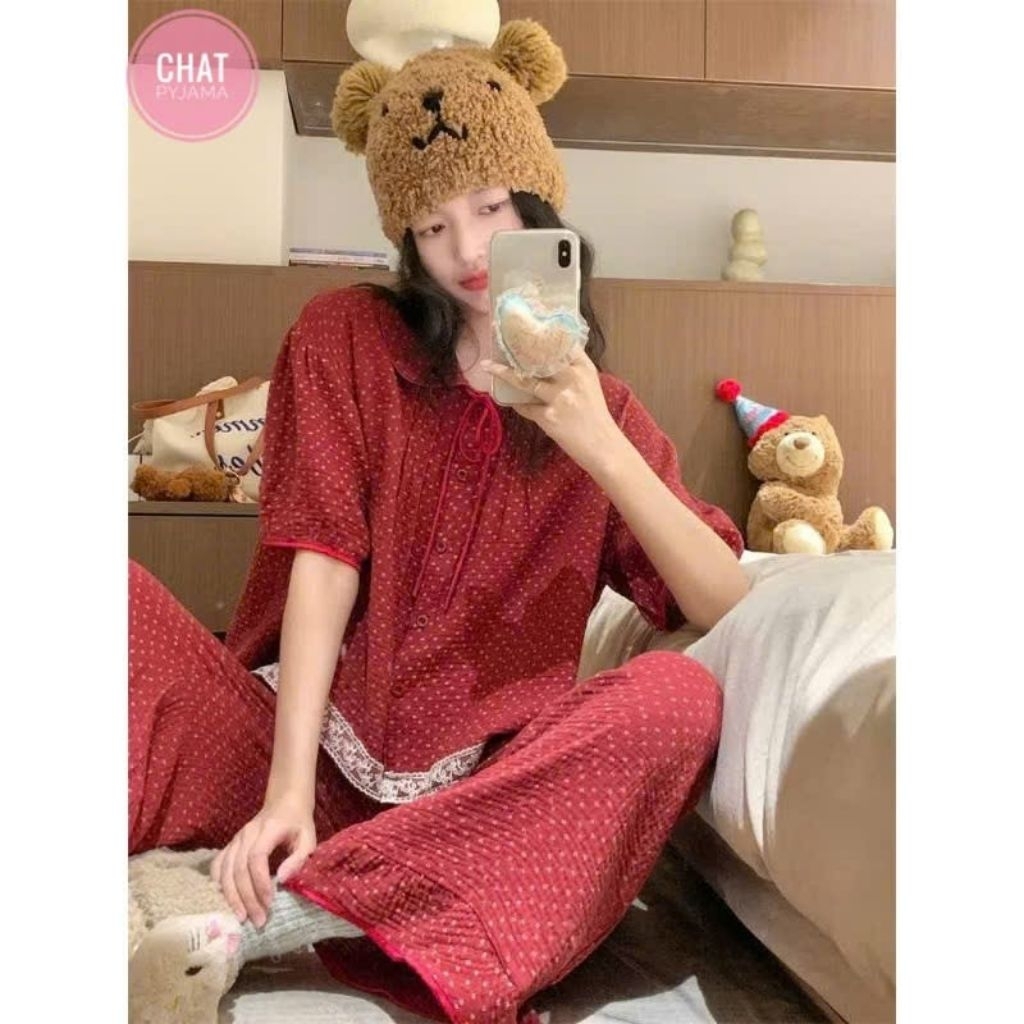 EXTREMELY BEAUTIFUL RED LOTUS PRINTED PYJAMA SET IU CD33