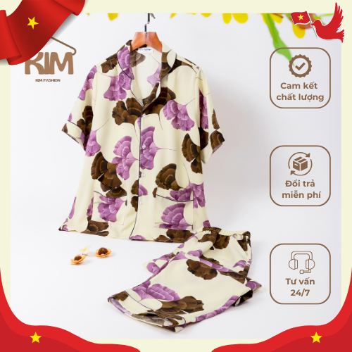 [HAPPY DAY VIETNAM] ชุดนอนผ้าไหมมะม่วงม็อปติฟกุหลาบ - KIM Fashion - KFS06