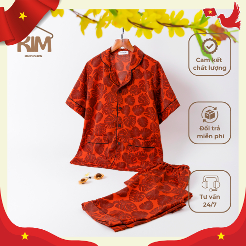 [HAPPY DAY VIETNAM] ชุดนอนผ้าไหมมะม่วงมีใบโมติฟ - KIM Fashion - KFS011