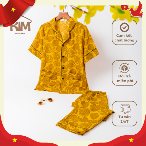 [HAPPY DAY VIETNAM] ชุดนอนผ้าไหมมะม่วงมีใบโมติฟ - KIM Fashion - KFS010