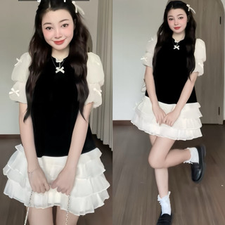 Váy nhung tiểu thư Dilyshop phối tay bồng đính nơ thiết kế chân bèo có quần bảo hộ kín đáo - V97