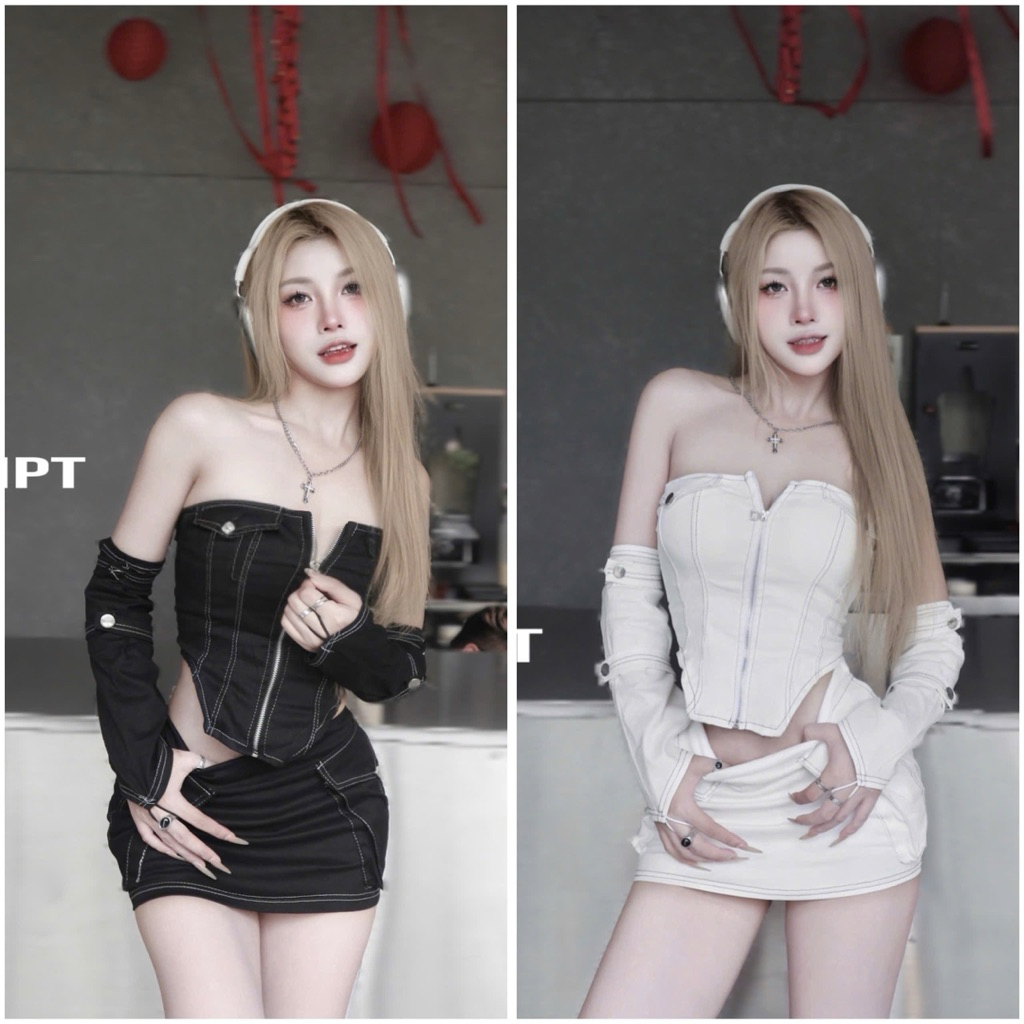 เดรสสีกากีสามชิ้นเท่ๆ ชุดเซ็ตกุ๊นขอบ