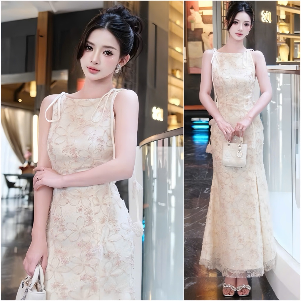 A113 Van Akara มินิเดรสลูกไม้ลายดอกไม้เรียบหรู ดีไซน์คล้องคอและผ่าหางปลา