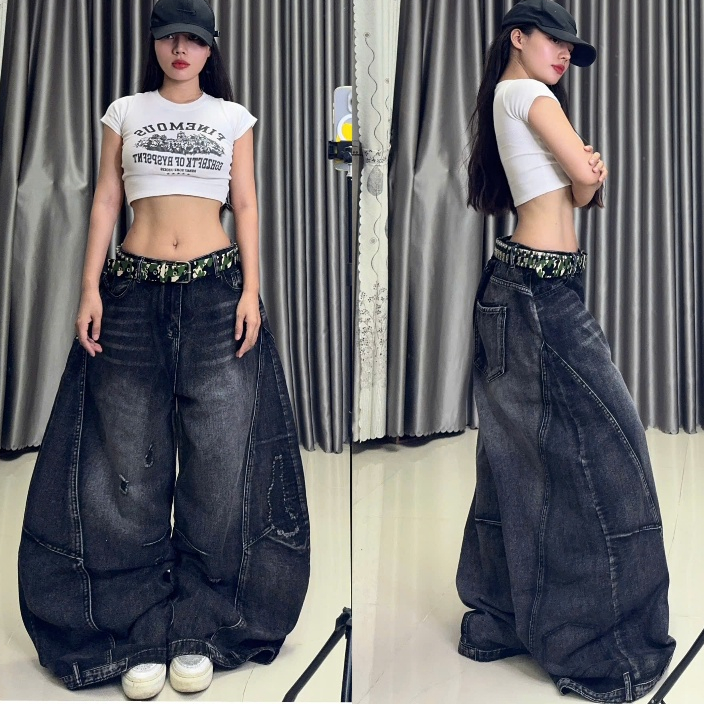 กางเกงยีนส์ขาดสีดําขากว้างสุดบุคลิกภาพฝุ่นสไตล์สตรีทคุณภาพสูง - MI STORE