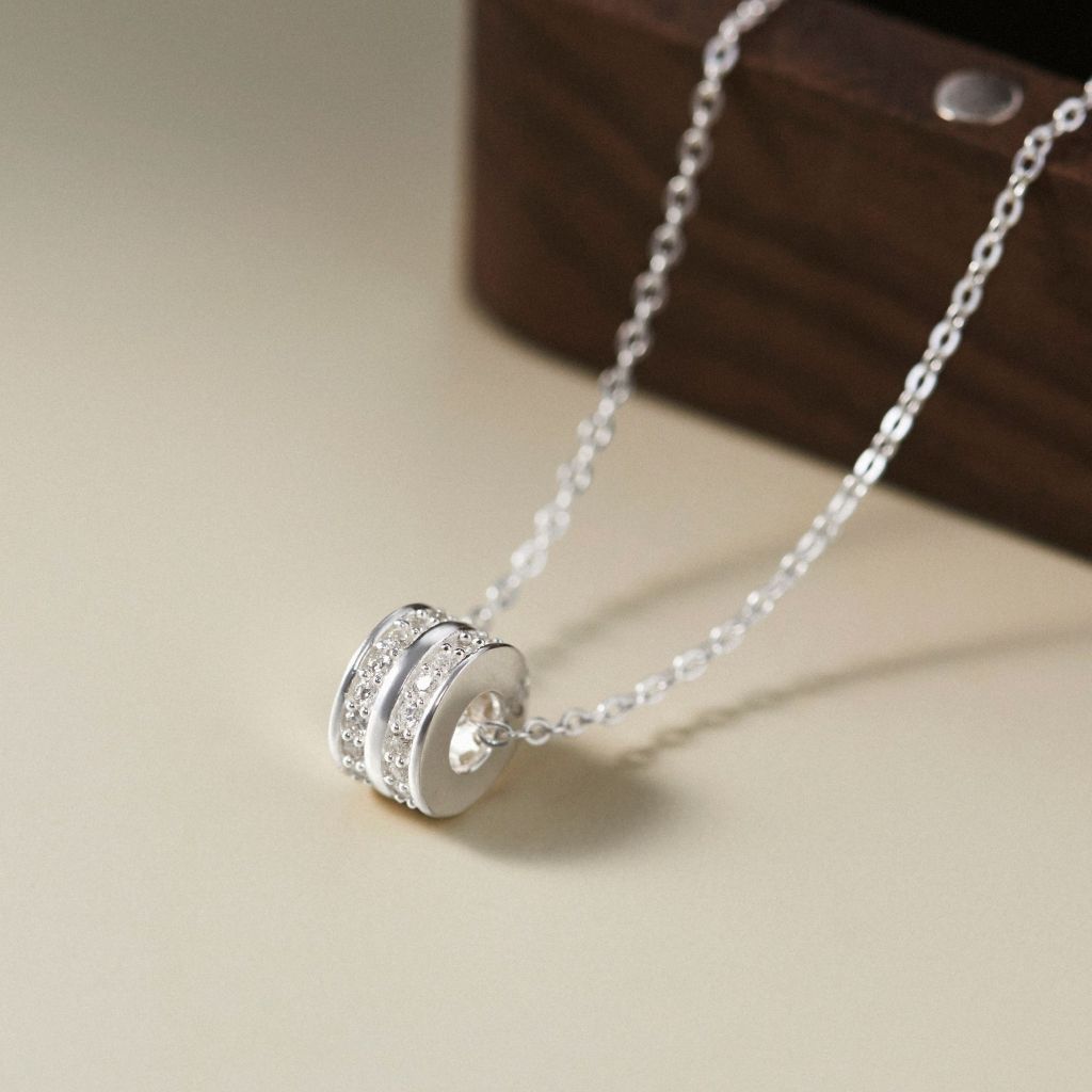 สร้อยคอจี้กระบอกกลมหิน 2-Row สร้อยคอเงินแท้ 925 สร้อยคอหลอด CARA LUNA สําหรับผู้หญิง - VCN22