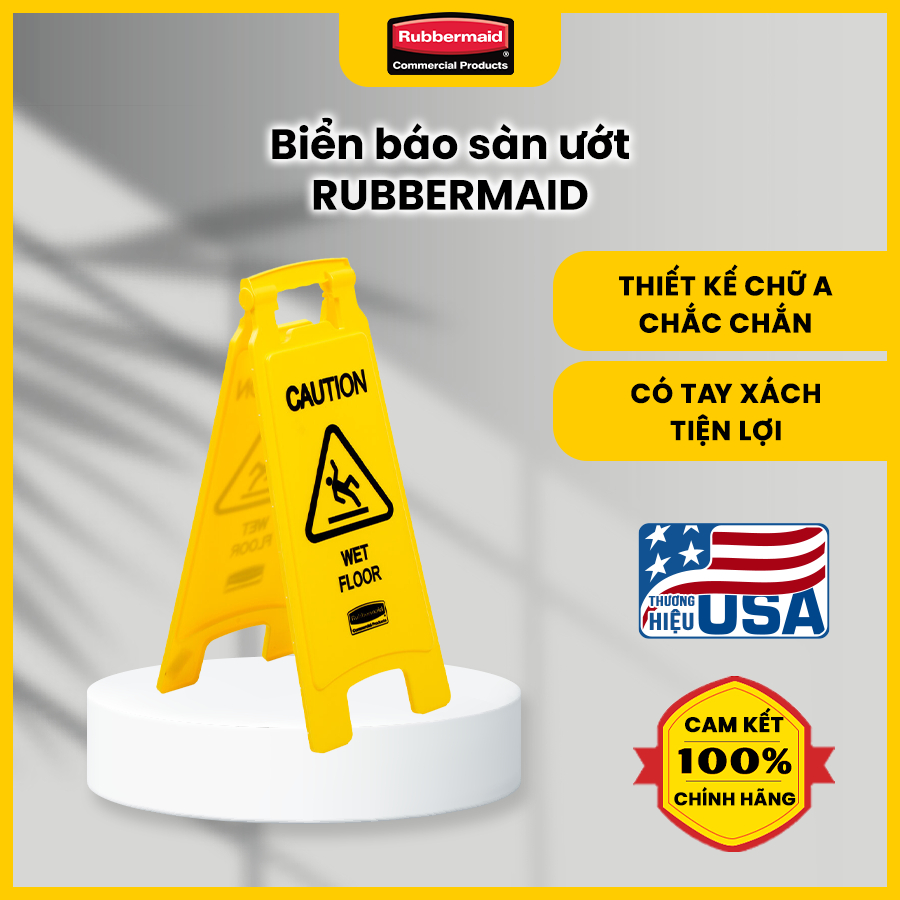 ป้าย Rubbermaid พลาสติกสีเหลือง "Caution Wet Floor" สําหรับพื้นที่สาธารณะ - FG611277เยล