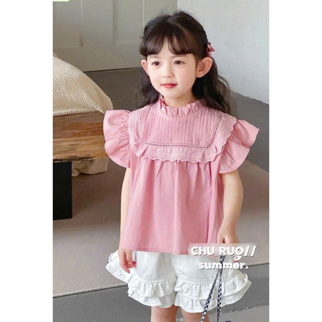 [B&G] ชุดเสื้อกางเกงขาสั้นสีขาวสีชมพูน่ารักสําหรับเด็กผู้หญิงอายุ 10-45kg92-12 ปี)