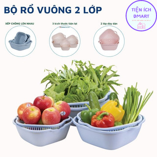 bộ rổ 6 món 2 lớp nhựa cao cấp, rổ nhựa đựng đồ đa năng 3 rổ kèm 3 chậu 3288, 3289, 3290