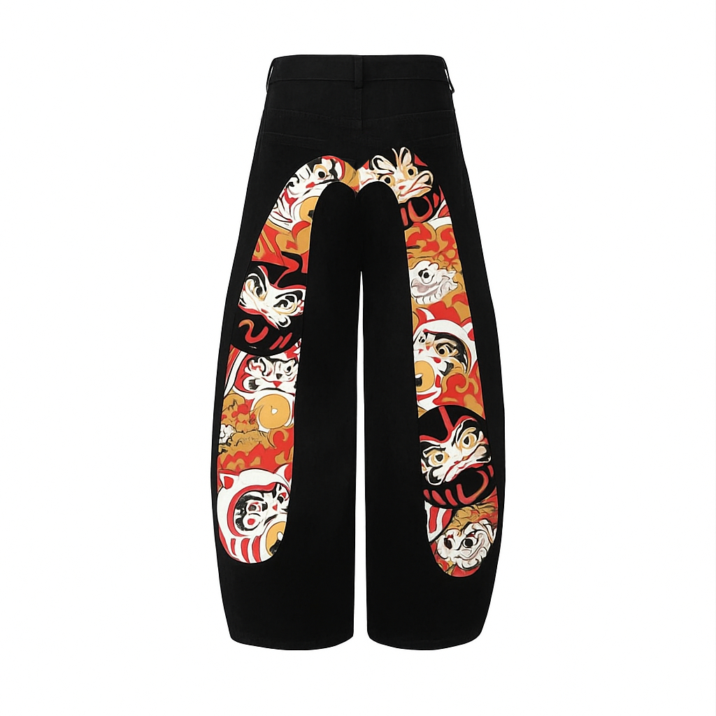 กางเกงยีนส์สั่งทํา Y2k ลาย Cyber Skull Daruma