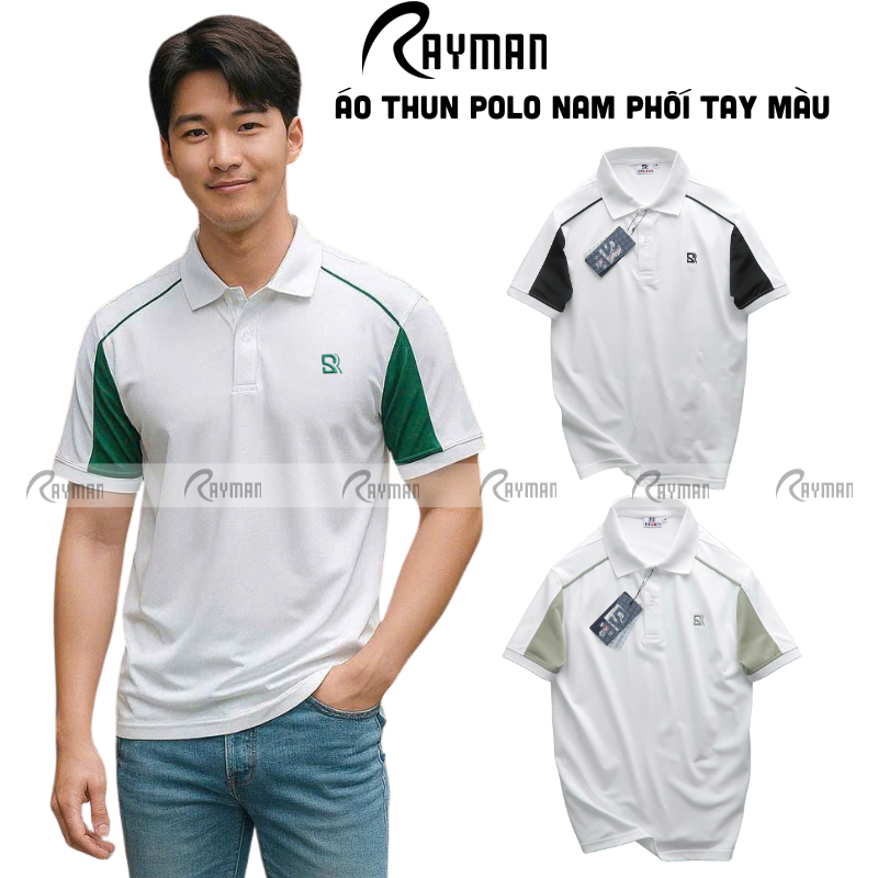 เสื้อยืดคอปกเปิดลงของผู้ชาย Rayman พร้อมโลโก้ SRB ผสมสีไหล่ - เสื้อโปโลผู้ชายพื้นฐานอ่อนเยาว์