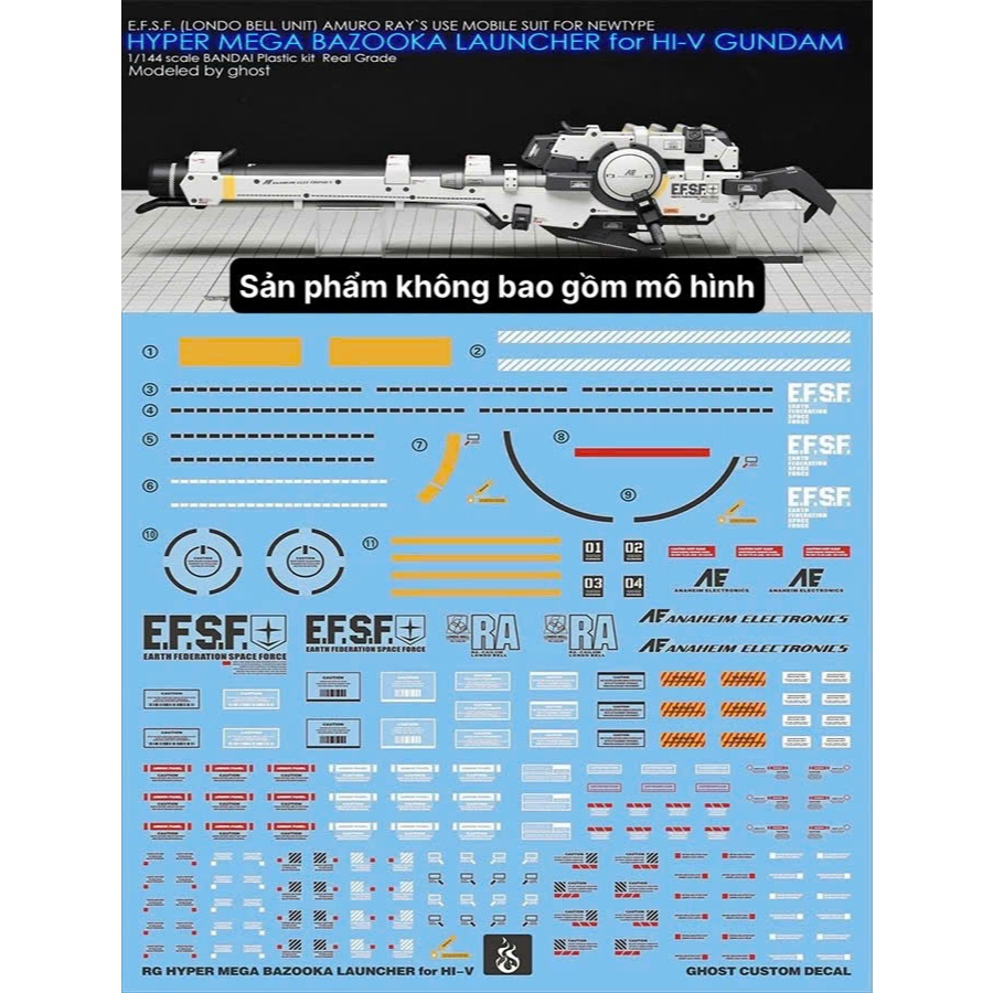 [Ghost] RG Hyper Mega Bazooka Launcher สําหรับ Hi-nu Gundam Model Water Decal/Decal