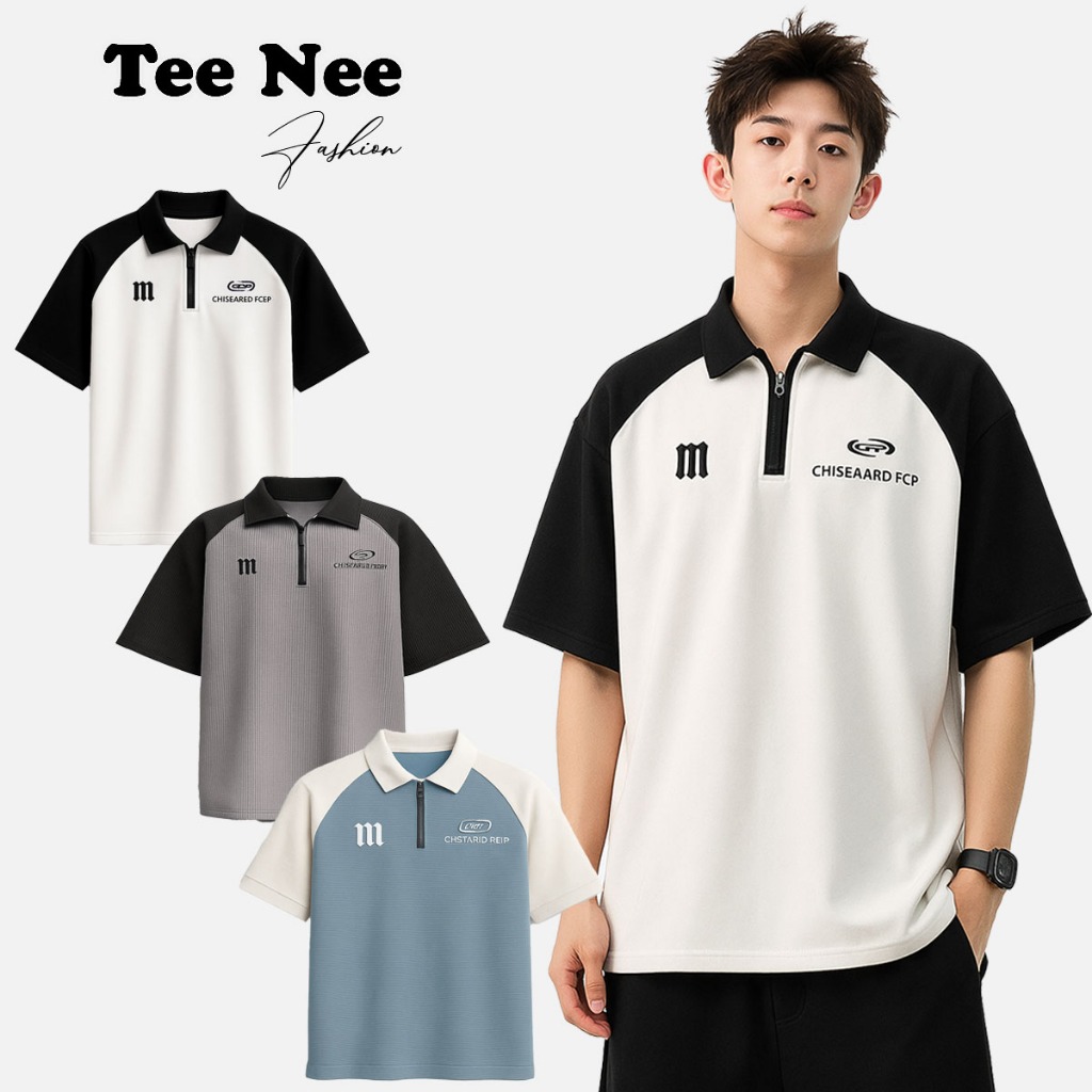 Teenee เสื้อโปโลผู้ชายและผู้หญิงโอเวอร์ไซส์ คอปกซิปแขนกุดทรงหลวม ปักลายผ้าฝ้ายรังผึ้งคุณภาพสูง