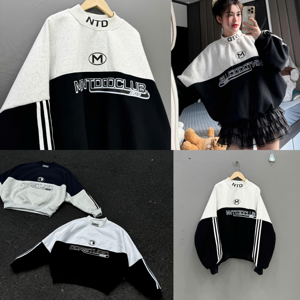 NTD เสื้อสเวตเตอร์คอกลมคอปกตัวอักษรและแขนลายทาง รหัสใหม่ - เสื้อสเวตเตอร์ผู้หญิงมีซับในผ้าฝ้ายหลวมเท