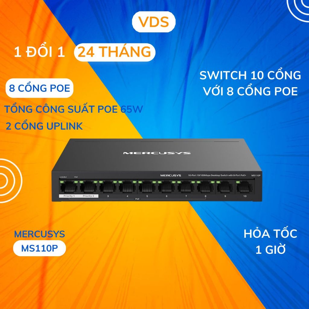 Mercusys MS110P POE Network Switch (10 พอร์ต 10/100Mbps พร้อมพอร์ต PoE+ 8 พอร์ต เคสโลหะ) - 24T