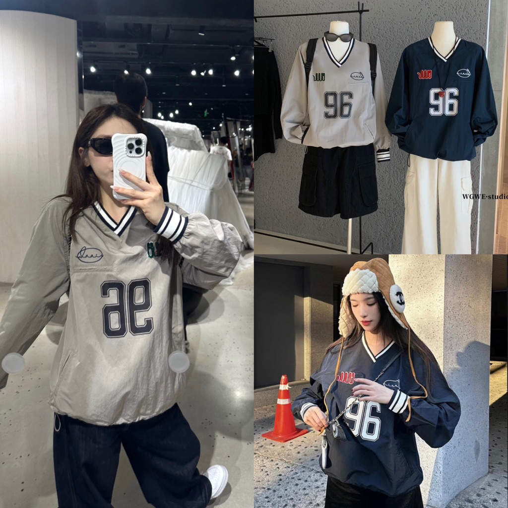 NHY.studio /WGWE/ เสื้อสเวตเตอร์ร่มชูชีพเรียบคอวีพิมพ์ลายหมายเลข 96 w6878