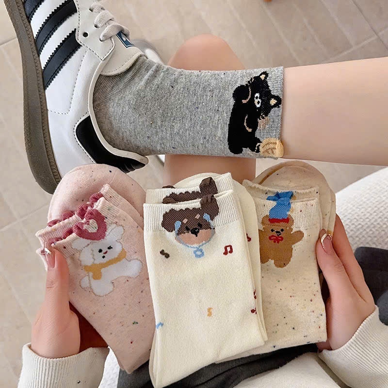 ชุดถุงเท้าคอปกสูงของผู้หญิง 5 คู่ลายแมวและหมีสีเกลือและพริกไทยแฟชั่นสุดฮอตรุ่นใหม่ TMT9