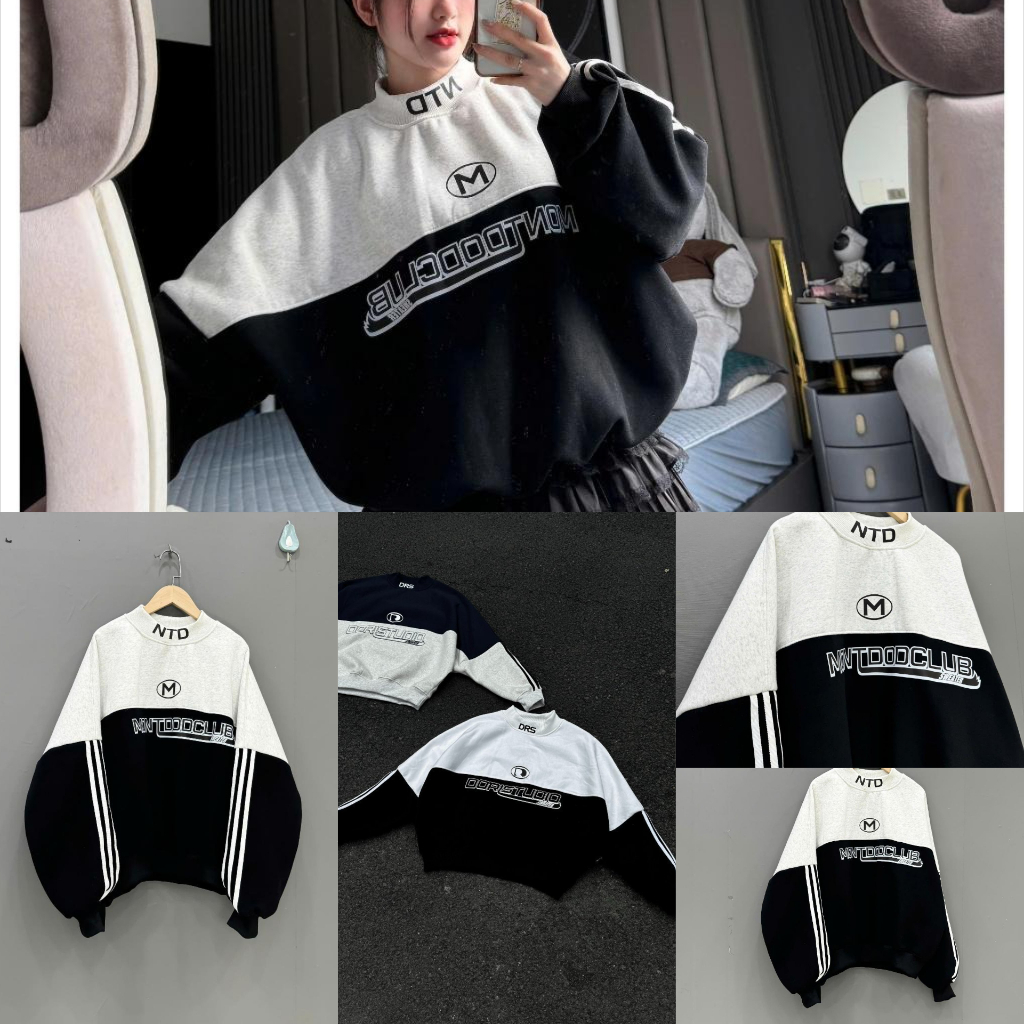เสื้อสเวตเตอร์คอกลมพิมพ์ลาย NTD คอปกไหล่ลายทาง แขนจากเทรนด์สุดฮอตพื้นฐานหลวม