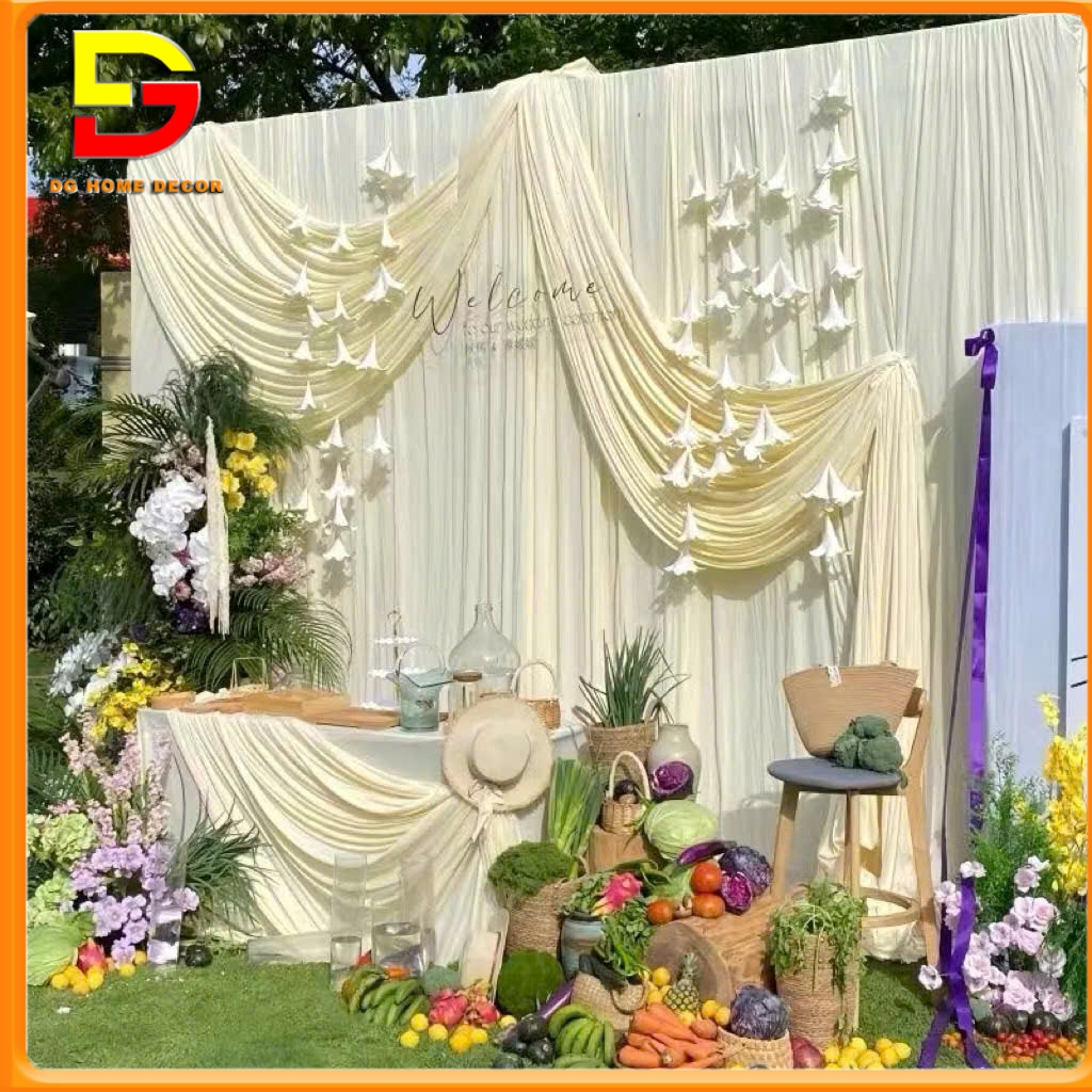 สีครีมผ้าม่านสแปนเด็กซ์เย็นผ้าม่านตกแต่งสําหรับฉากหลังโรงละครงานแต่งงาน,ฉากหลังวันเกิดดีจี-899
