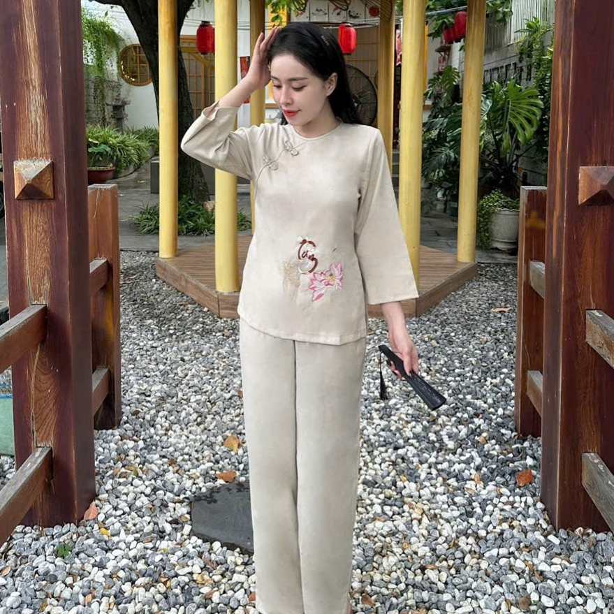 ROUND PATTERN EMBROIDERED TAM SEN LINEN เครื่องแต่งกายแบบดั้งเดิม เสื้อผ้าพุทธ เสื้อผ้าวัด เสื้อผ้าบ