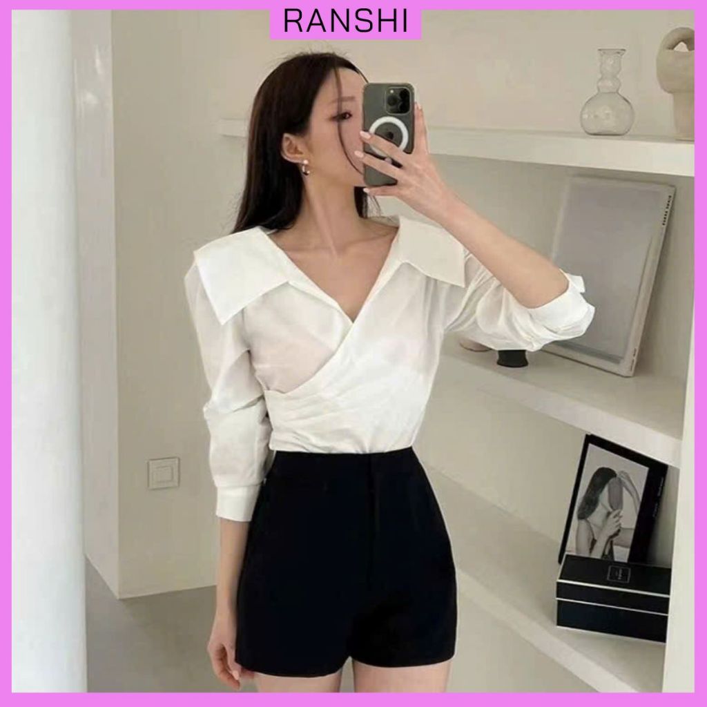 เสื้อเชิ้ตแนวทแยงแขนยาวคอปกกว้างสไตล์เกาหลีหรูหราสําหรับใส่ทํางานเล่น - RSM05 - SMCT