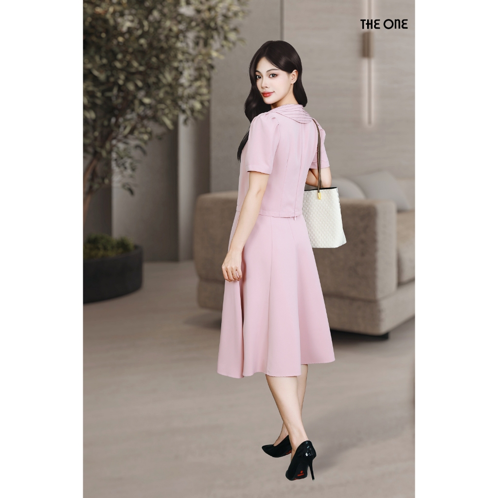 เสื้อครอปไหมพรมสีชมพูเสื้อแขนสั้นคอปกโบว์ ADB2353LHO