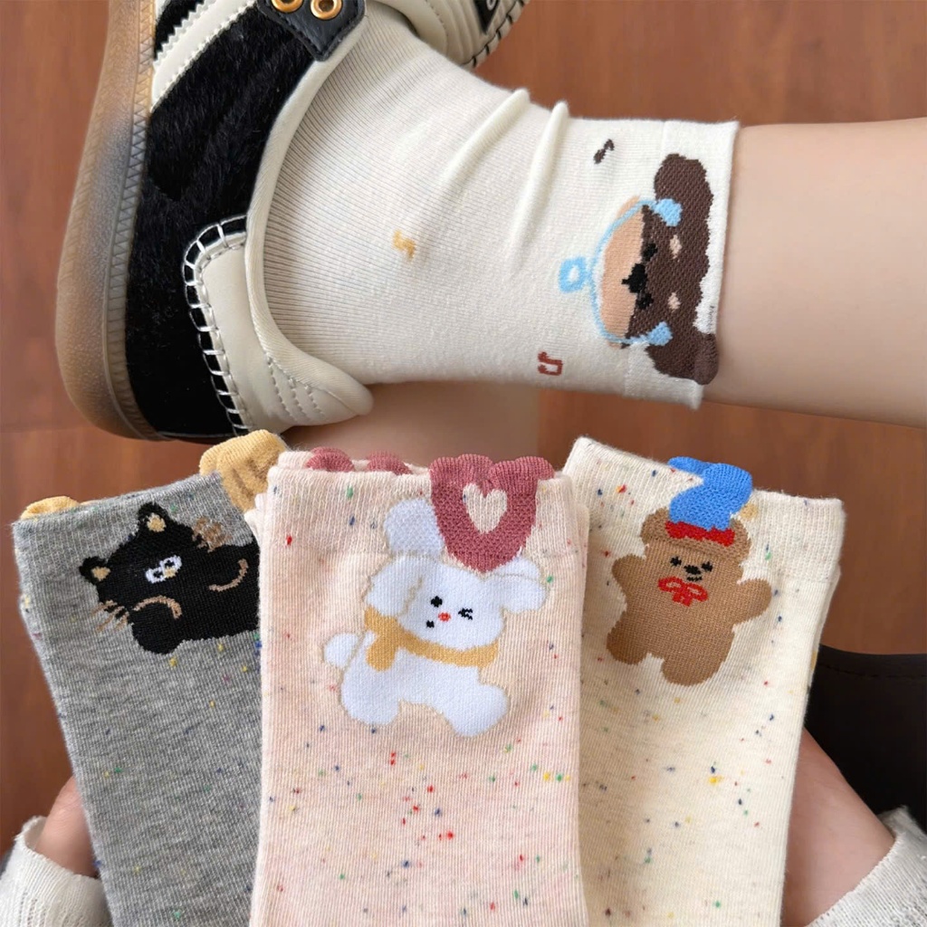 ชุดถุงเท้าคอปกสูงของผู้หญิง 5 คู่พร้อมเกลือลายแมวและหมีและพริกไทยแฟชั่นเกาหลีสุดฮอตรุ่นใหม่ TMT9