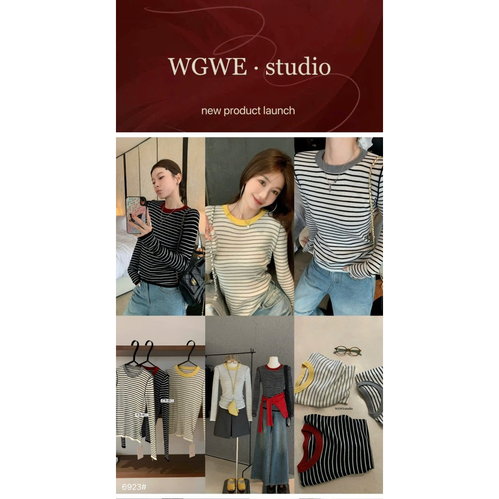 WGWE• เสื้อสเวตเตอร์ mtg ลายทางแขนยาว สีคอ 6923 wgwe สินค้า QC ฟรีไซส์