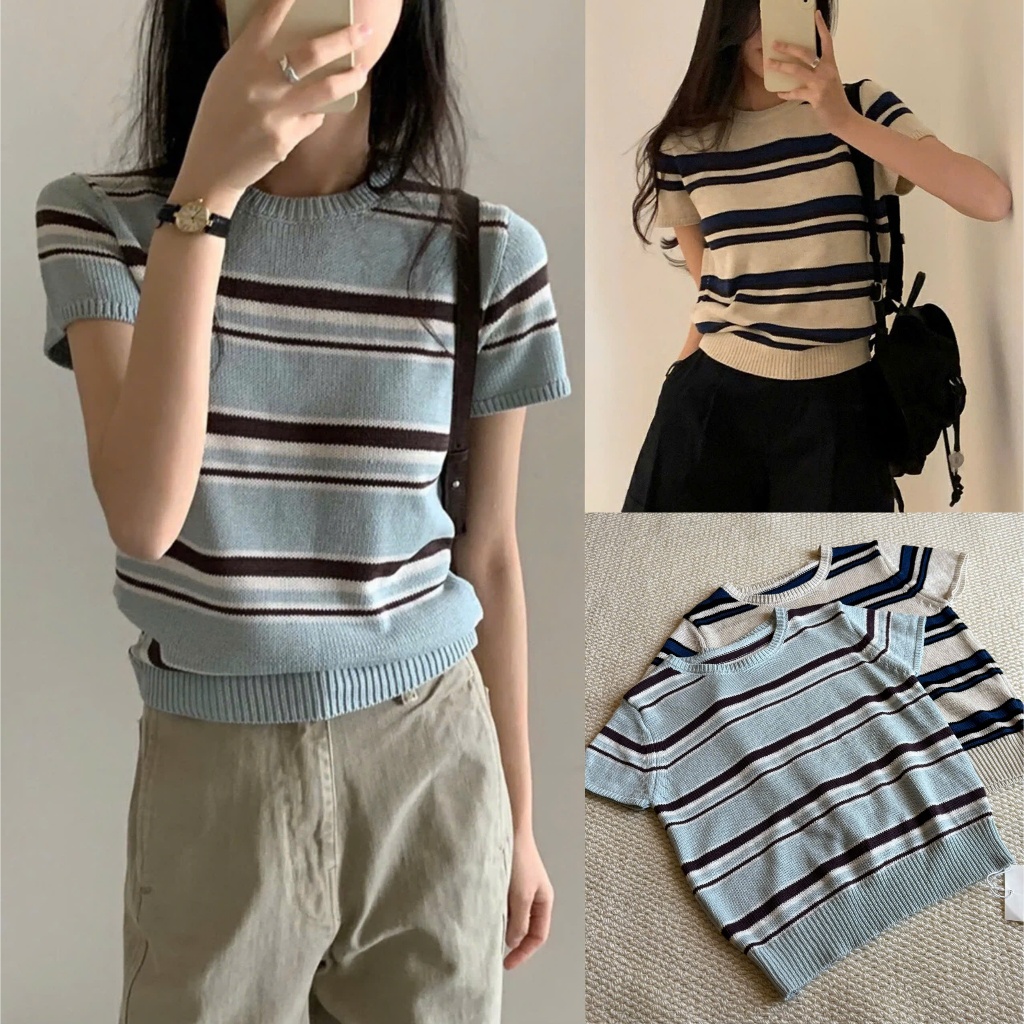(OLDSCHOOL PHOTO) เสื้อสเวตเตอร์ลายสก๊อตผู้หญิงทําจาก RAW RICE WOOL สีฤดูร้อนแขนสั้น A2691