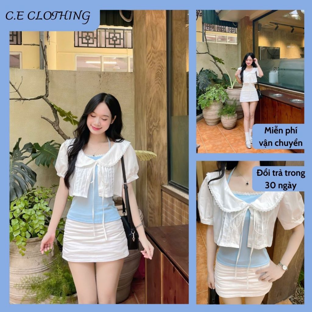 เสื้อแจ็คเก็ตเสื้อครอปผู้หญิงคอปกจับจีบและผูกโบว์สไตล์เกาหลีน่ารัก - CE CLOTHING AOT052