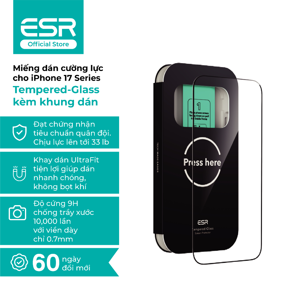 ESR Tempered-Glass ฟิล์มกันรอยสําหรับ iP 17 1D878 1 ชิ้น