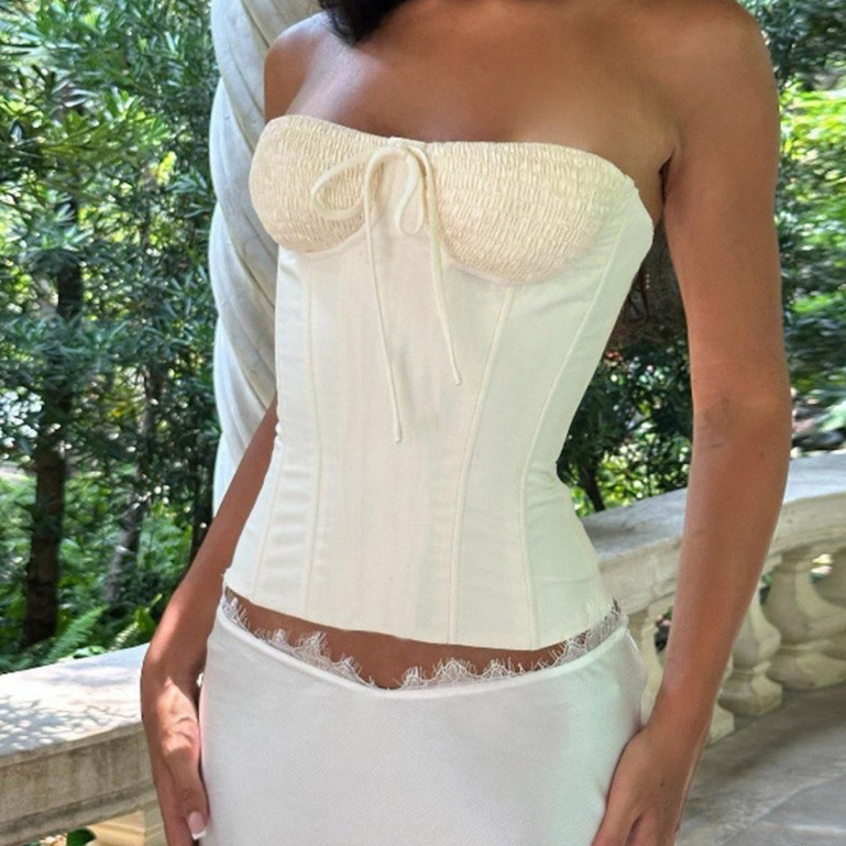 HANNIE House- เสื้อกล้ามเปิดไหล่สีทึบฤดูร้อนสําหรับผู้หญิง