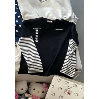 เสื้อ Hello Kitty / Double Long Sleeve Oversize สีดําแขนลายทาง (ห่อป้ายใหม่)