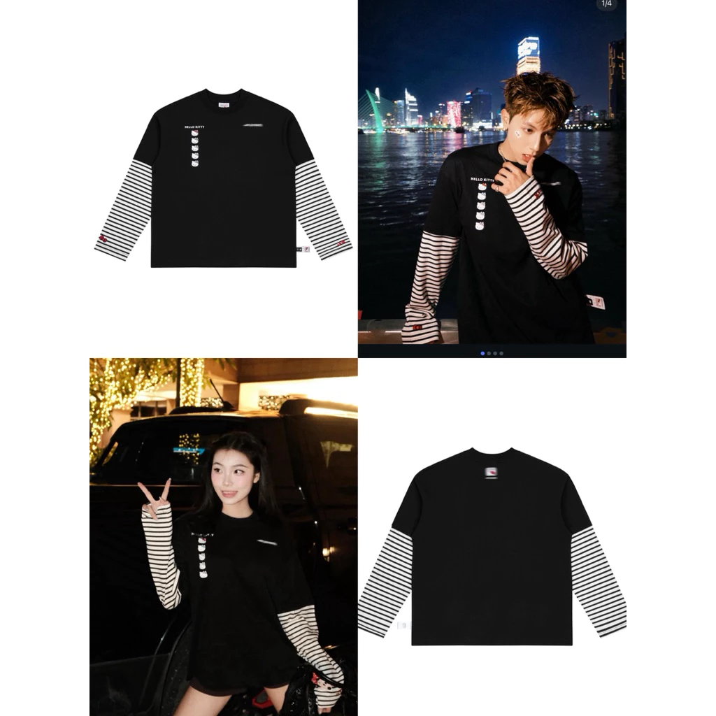 เสื้อ Hello Kitty / Double Long Sleeve Oversize สีดําแขนลายทาง (ห่อป้ายใหม่)