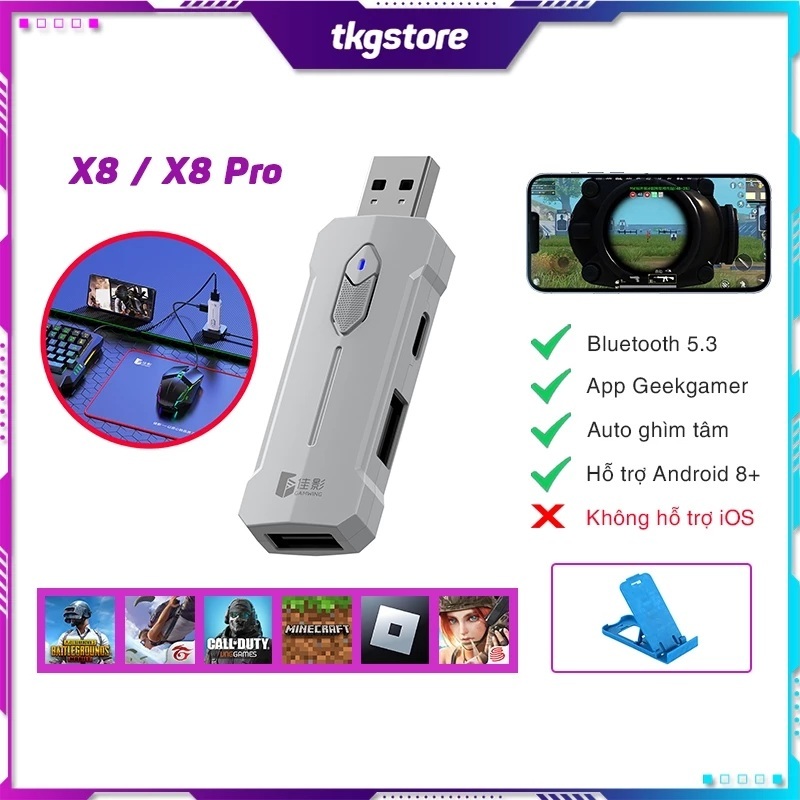 อะแดปเตอร์เกม X8 / X8 Pro เชื่อมต่อคีย์บอร์ดและเมาส์เพื่อเล่น PUBG Mobile, Free Fire