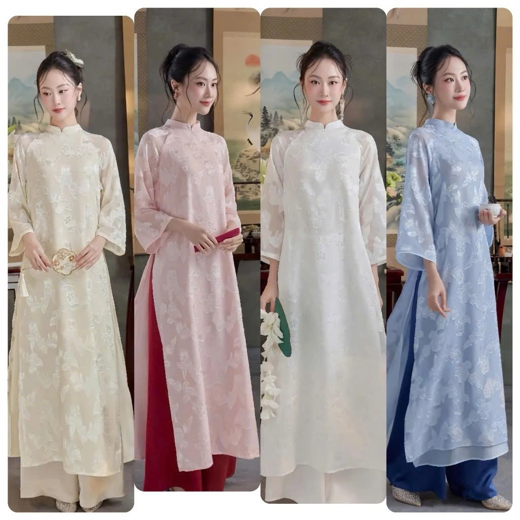 Silk Floral Ao Dai 4 ด้าน ทรงตรงหรูหรา ดีไซน์ละเอียดอ่อน น้ําหนักเบา สําหรับ Tet ออกนอกบ้าน ถ่ายรูป 