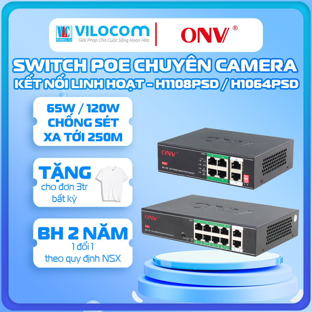 PoE Switch 4+2 & 8+2 พอร์ต ONV H1064PSD H1108PSD 10/100Base-TX ระยะเกียร์ 250m - สินค้าของแท้