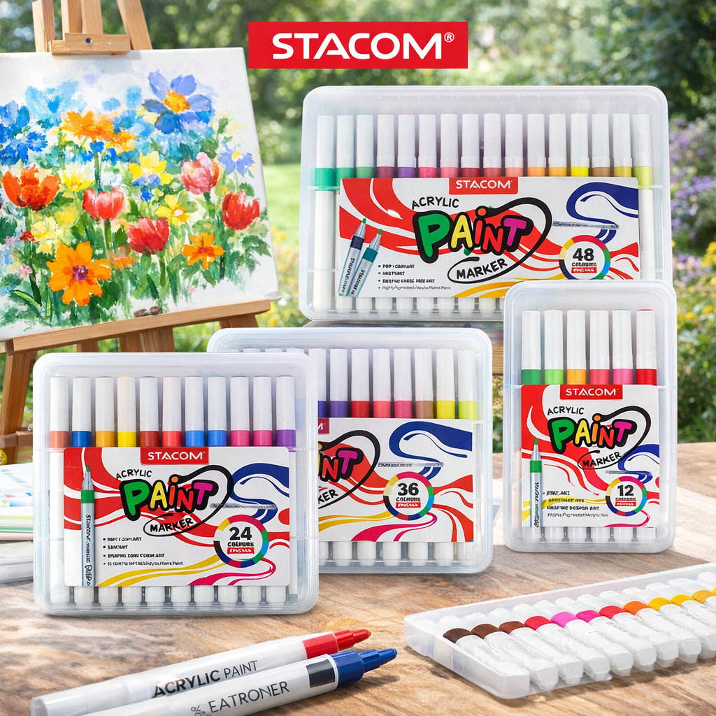 สีอะคริลิค ชุดปากกามาร์กเกอร์ มีครบทุกสี 12/24/36/48 สี 1 หัวกลม | Stacom PM012A, PM024A, PM036A, PM