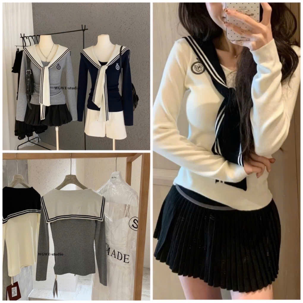 WGWE W7862 เสื้อสเวตเตอร์สไตล์กะลาสีพร้อมผ้าพันคอ