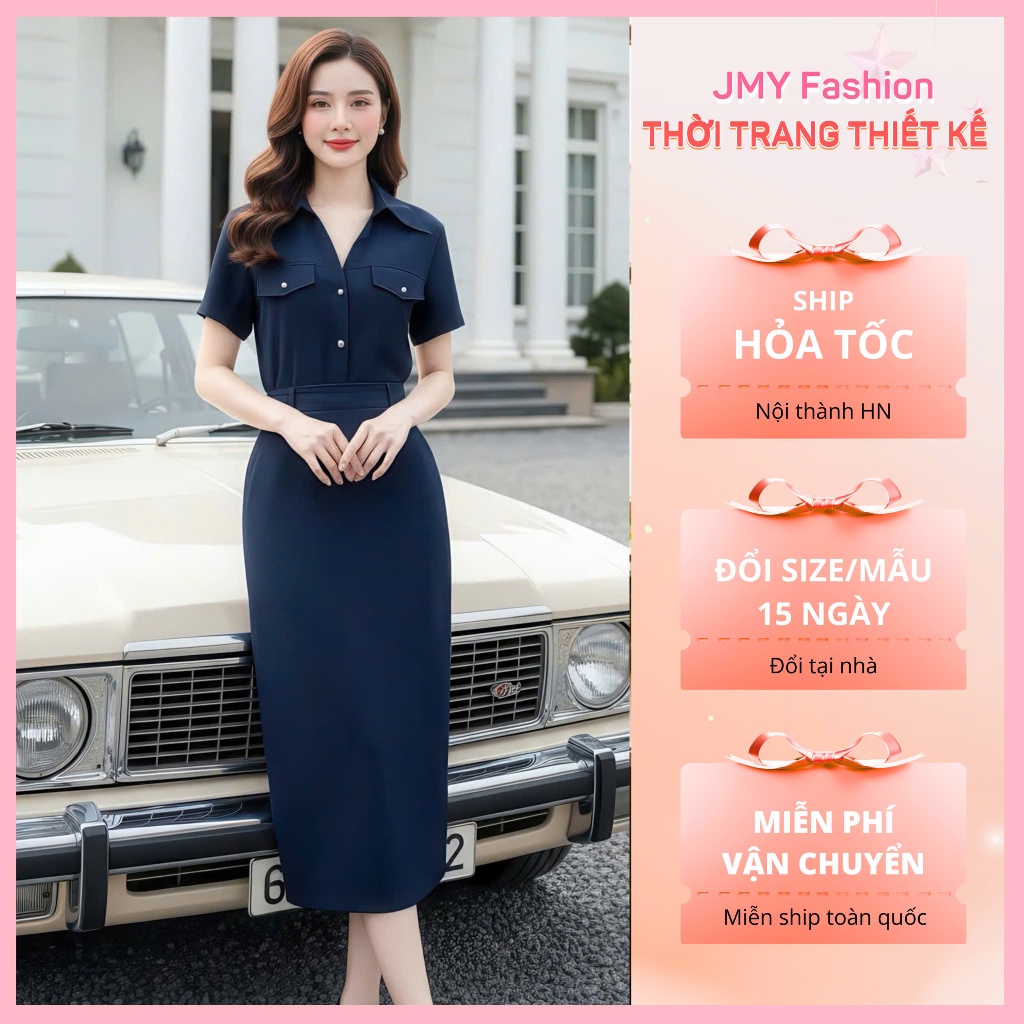 (FIRE) Ds6882 ชุดเสื้อและกระโปรงดินสอสีน้ําเงินถ่านพร้อมคอปก [Dolce Viva Collection (DVC/ACC)]
