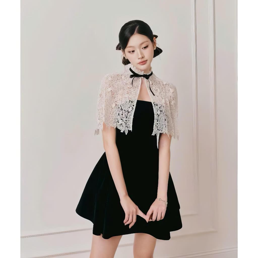 D42 BIGSIZE VELVET DRESS + BOW LACE JACKET