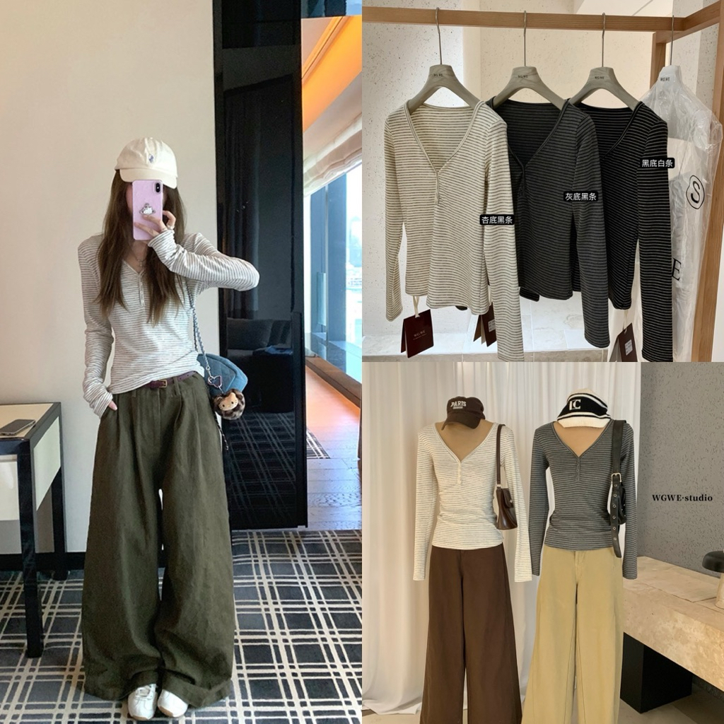 8652 WGWE เสื้อยืดกระดุมลายทางคอวี มาตรฐาน QC Wgwe