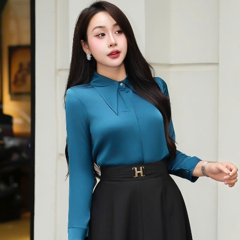 เสื้อเชิ้ตแขนยาวคอปกโบว์แฟชั่นเสื้อเชิ้ตสํานักงานวัยกลางคนทําจาก Suzhou Silk PH - SMD010