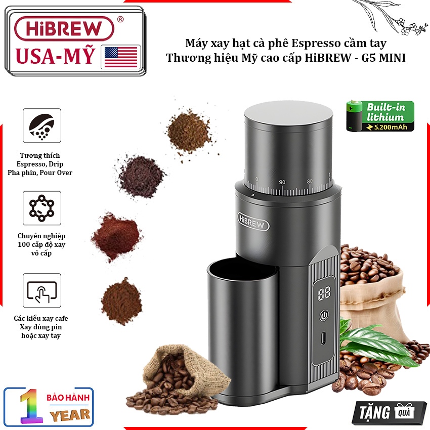 [GENUINE] เครื่องบดเมล็ดกาแฟ Espresso แบบมือถือ ใช้แบตเตอรี่ แบรนด์อเมริกันพรีเมี่ยม HiBREW - G5 MIN