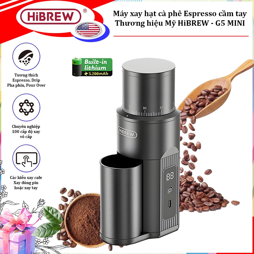 เครื่องบดเมล็ดกาแฟ Espresso แบบมือถือ ใช้แบตเตอรี่ แบรนด์อเมริกันพรีเมี่ยม HiBREW - G5 MINI - 1 ปี
