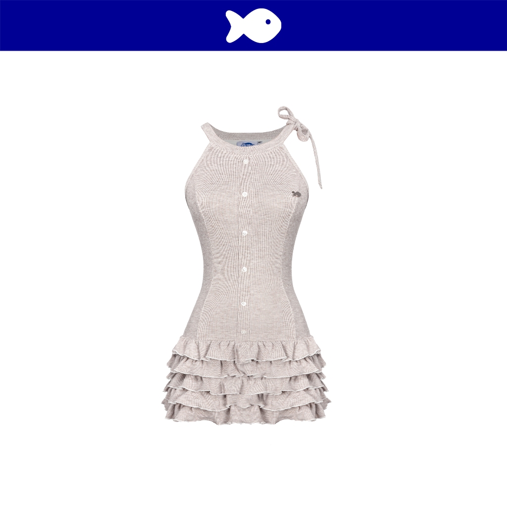 ดีเคเอ็มวี เดรสคล้องคอชั้นสั้นคอปกผูกโบว์น่ารักและกระดุมตามตัวโลโก้ปลาสีน้ําตาล ชุดเดรสเอเวลิน | K-D