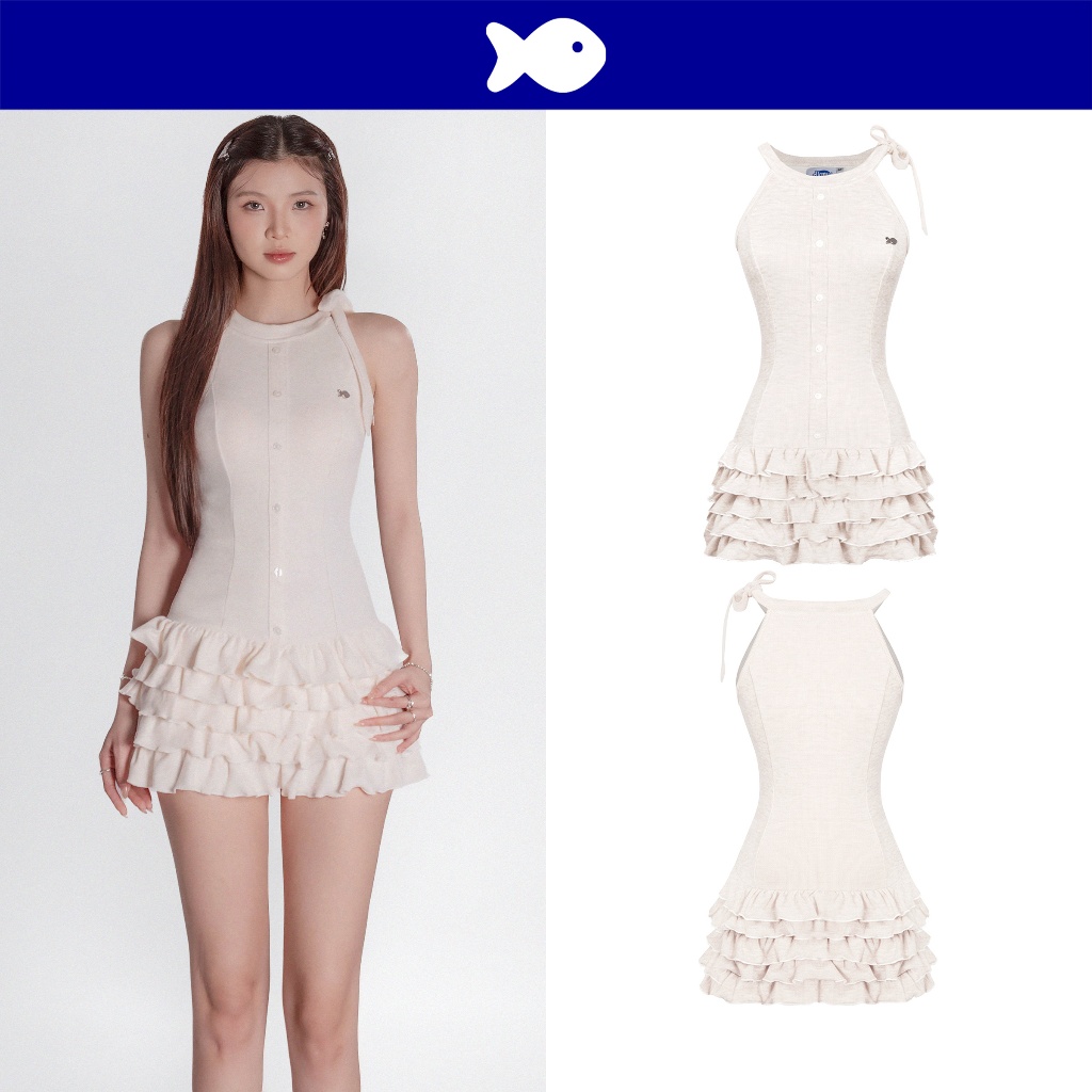 ดีเคเอ็มวี ชุดเดรสสั้นคล้องคอเป็นชั้นๆโลโก้ปลาและกระดุมตามตัวคอผูกโบว์น่ารักสีครีม ชุดเดรสเอเวลิน | 