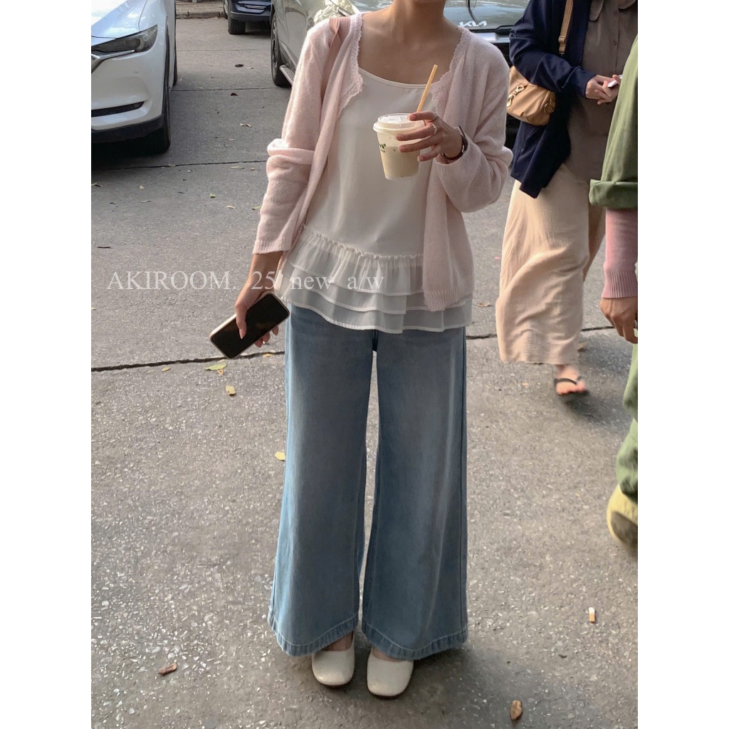 อากิรูม | กางเกงยีนส์ขากระบอกนิ่มสั้นเอวแบน 5657