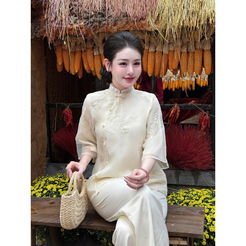 PPN42 เดรสผ้าไหมฝรั่งเศสคอปก 3 นิ้ว และแขนสั้นสุดหรู